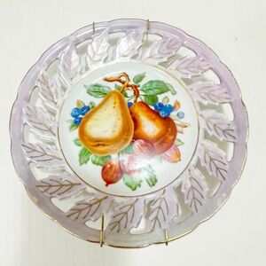 VTG Royal Halsey 1950's Reticulated Plate 8" Fruit Pear Cherry Japan Gold Trim